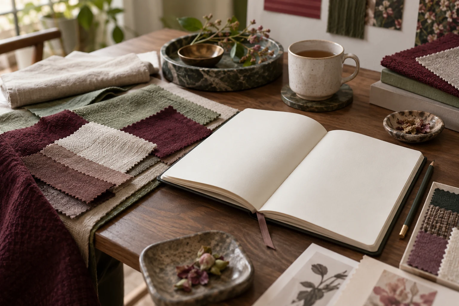 Berry, sage and cream fabric samples beside a blank design notebook; a fictional editorial illustration.